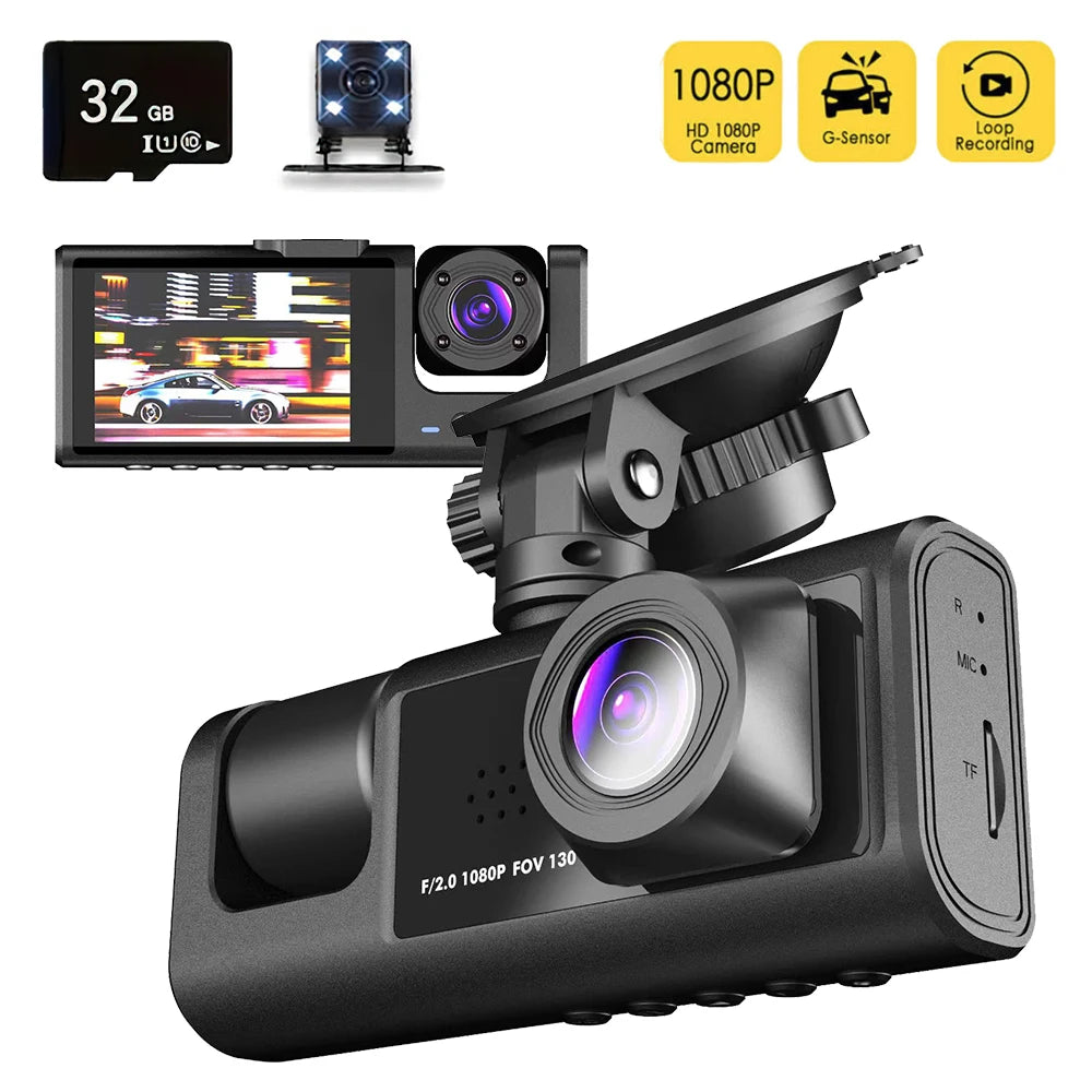 Car Dash Cam With IR Night Vision Loop Recording 3 Channel Cameras DVR Recorder 1080P Video Dashcam Inside Vehicle Camera DVRs