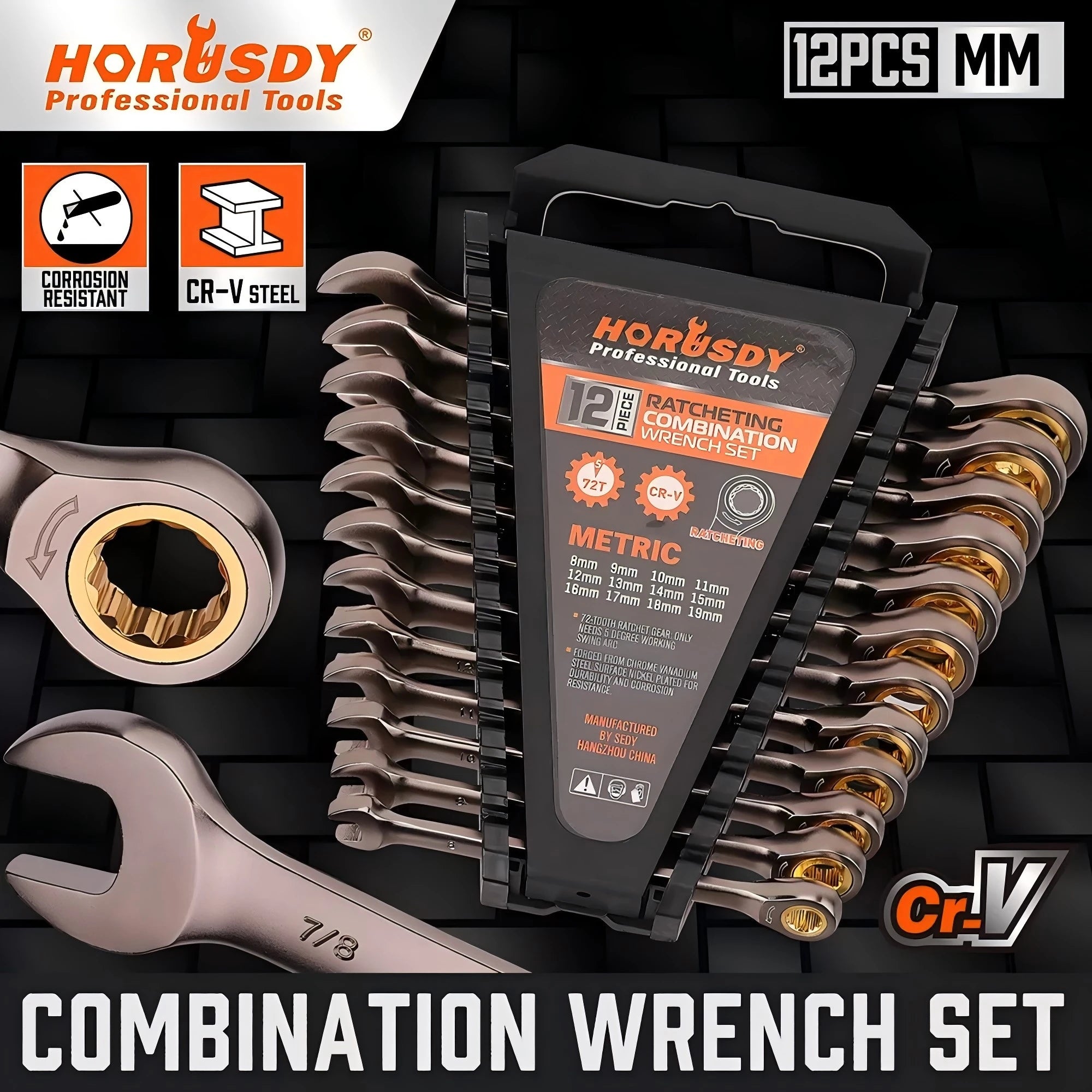 HORUSDY 12Pc Ratchet Spanner Set Metric Wrench Spanners Nickel Plating 8-19MM