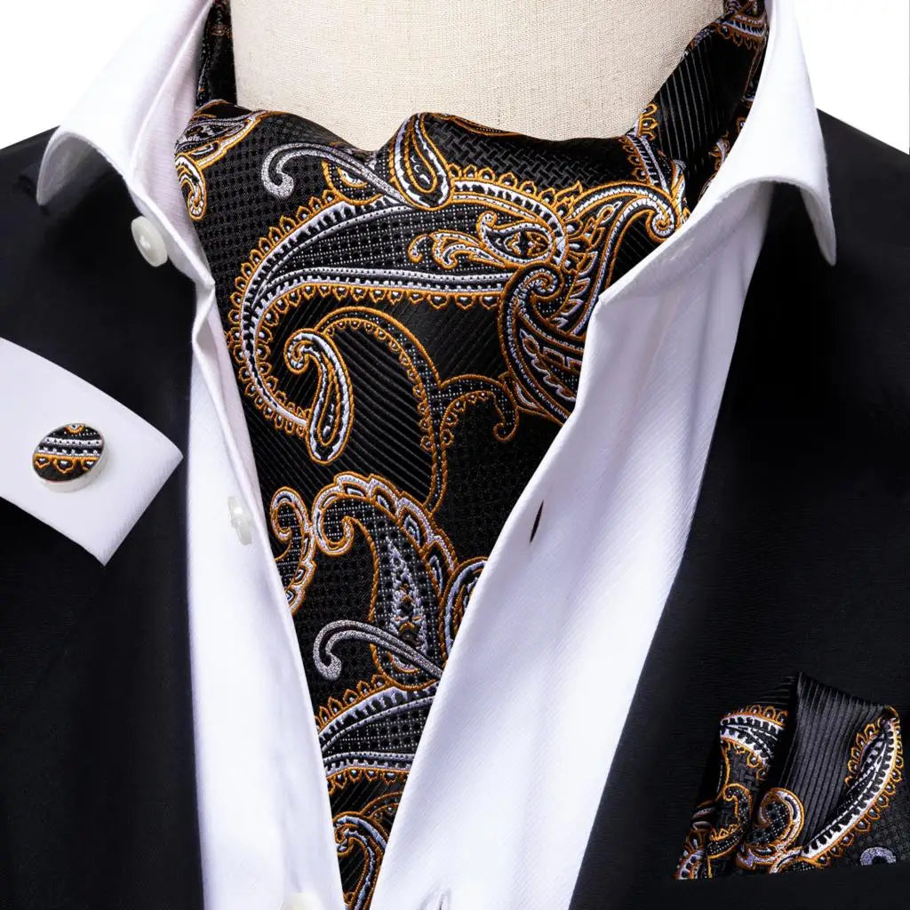 Hi-Tie Silk Mens Ascot Hanky Cufflinks Set Black Yellow White Paisley Cravat Tie Vest Dress Ascots Self Vintage Jacquard Woven
