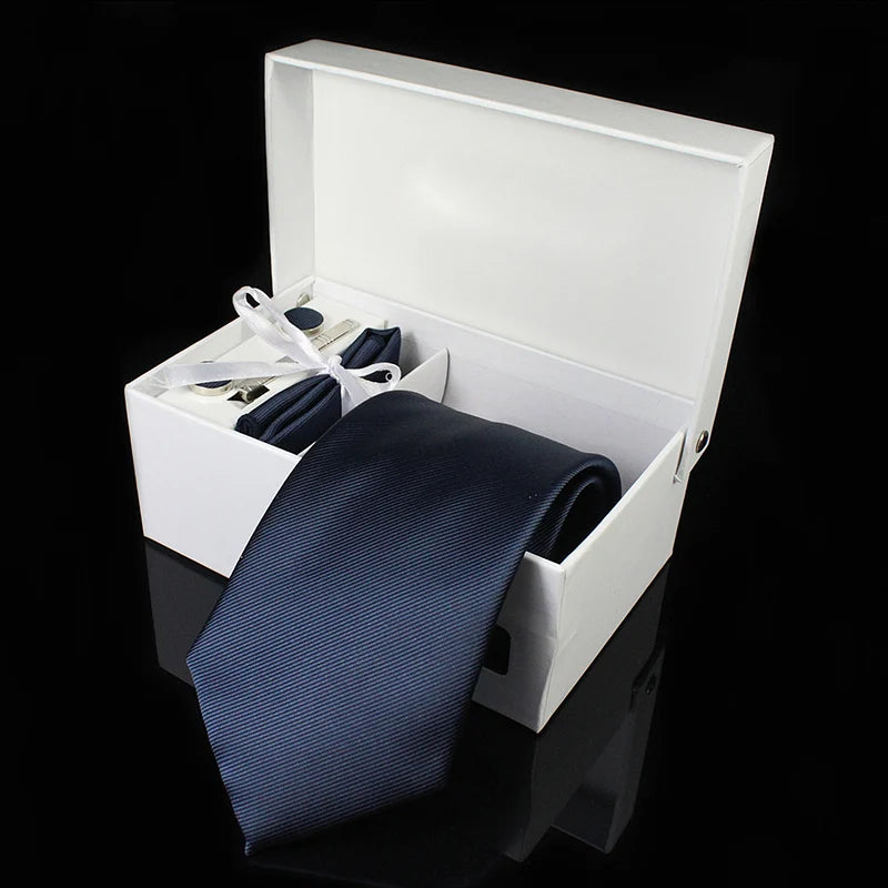 Mens Tie Silk 8cm Formal Necktie Handkerchief Cufflinks Gift box set Solid Red Yellow Ties For Man Business Wedding Gift Party