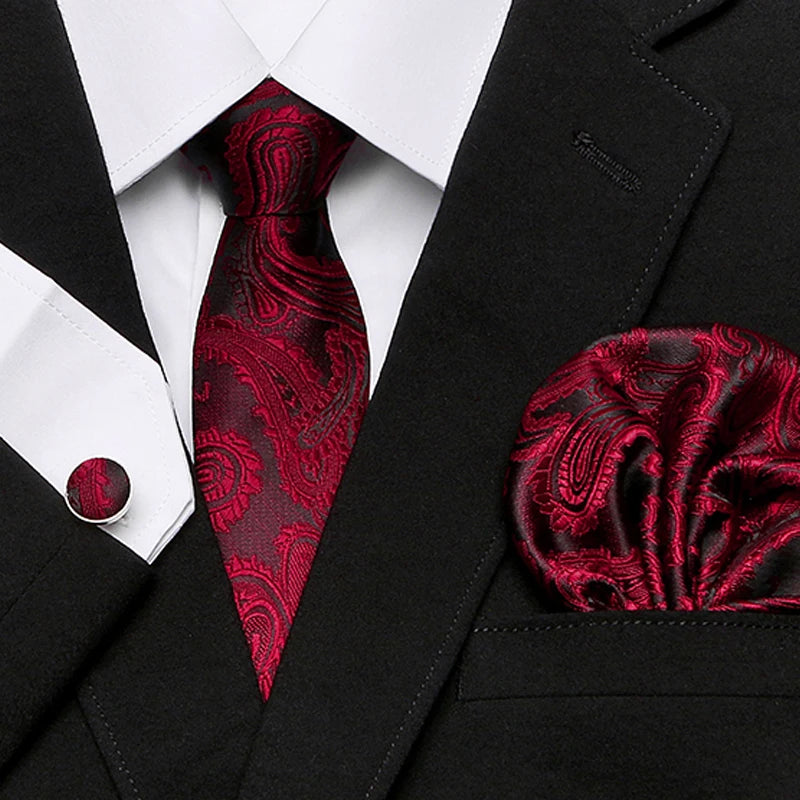 Men`s Tie Red Plaid print Jacquard Woven Tie Hanky Cufflinks Sets For Formal Wedding Business Party Free Postage