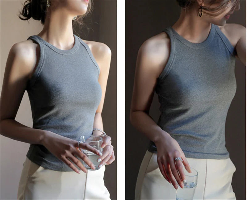 DOIAESKV Basic Solid T shirts Women Slim Halter Neck Off-shoulder Camisole Tops Tees Summer Female Tanks Sleeveless Dropshipping