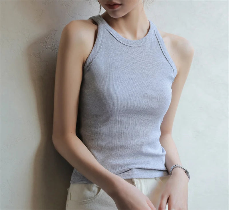 DOIAESKV Basic Solid T shirts Women Slim Halter Neck Off-shoulder Camisole Tops Tees Summer Female Tanks Sleeveless Dropshipping
