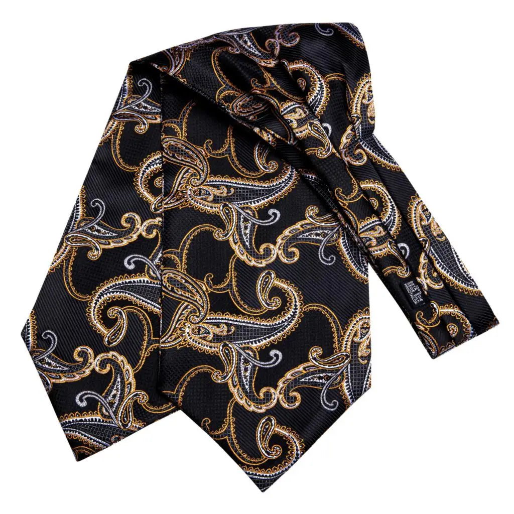 Hi-Tie Silk Mens Ascot Hanky Cufflinks Set Black Yellow White Paisley Cravat Tie Vest Dress Ascots Self Vintage Jacquard Woven