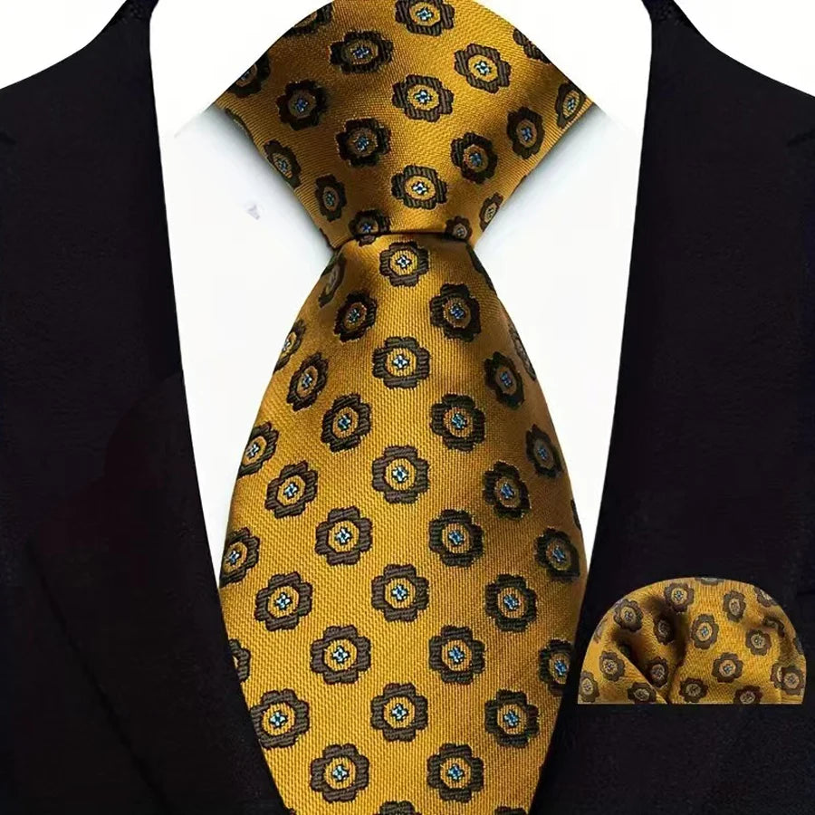 Mens 8cm Tie Set Orange Brown Floral Stripes Wedding Tie Hadkerchief Set For Men Fashion Design Quality Hanky Necktie Set