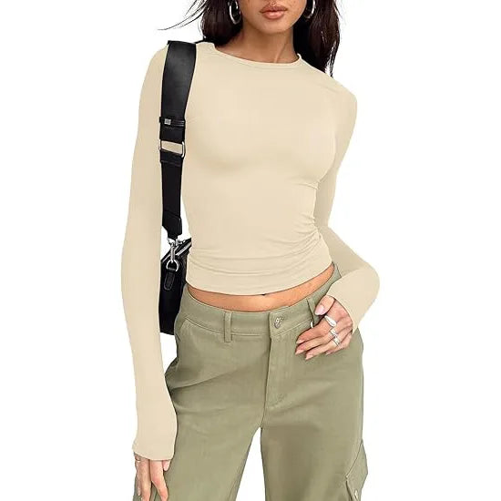 1pcs Four Seasons Fashion Senior Women T-shirt Long Sleeve Crew Neck Solid Slim Fit Tee Ladies Crop Top Daily Streetwear Camis