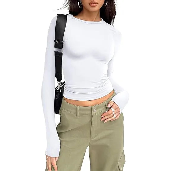 1pcs Four Seasons Fashion Senior Women T-shirt Long Sleeve Crew Neck Solid Slim Fit Tee Ladies Crop Top Daily Streetwear Camis