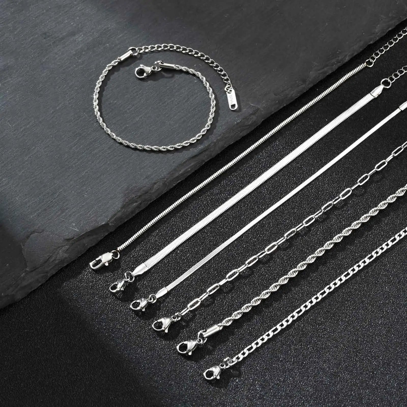 7pcs/set Simple Chain Bracelet for Men Women,Stainless Steel Silver Color Metal Chain Wristband,Basic Layered Jewelry Gift