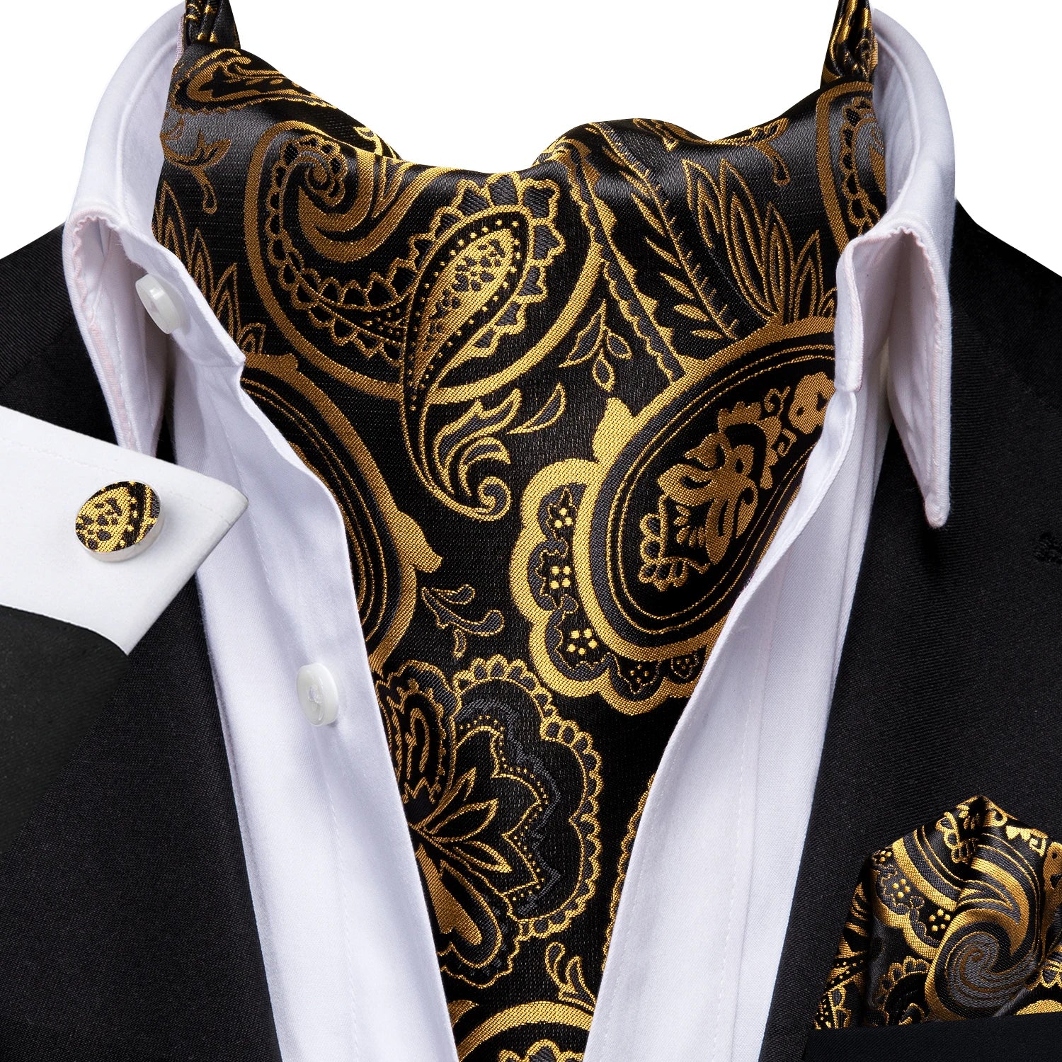 Hi-Tie Silk Mens Ascot Hanky Cufflinks Set Black Yellow White Paisley Cravat Tie Vest Dress Ascots Self Vintage Jacquard Woven