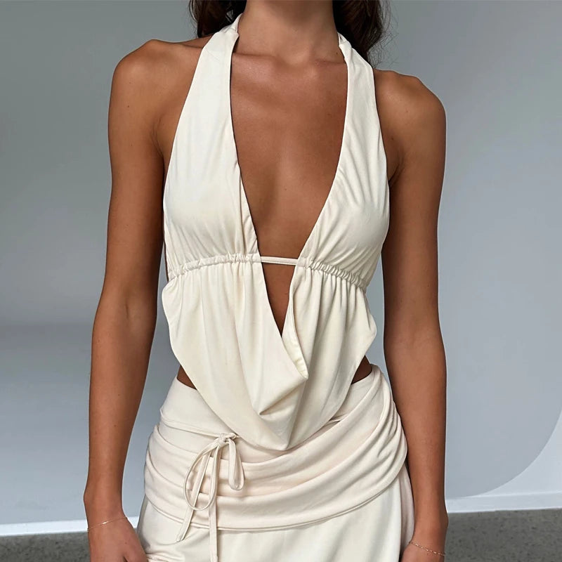 New Women Summer Tank Tops Sexy Solid Color Halter Neck Hollow Out Camisole Tie Backless Bandage Cropped Club Party Bustier Vest