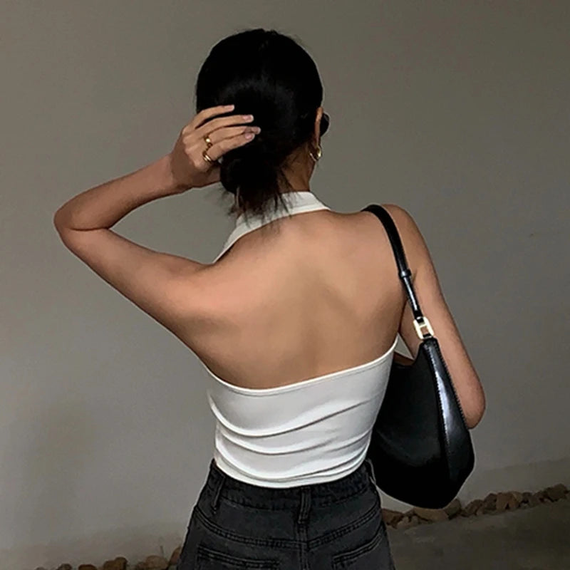 Cotton Sexy Backless Black White Tank Tops Halter Streetwear Vest Female Crop Top Summer 2025 Basic T-shirts Ladies Tube Camis