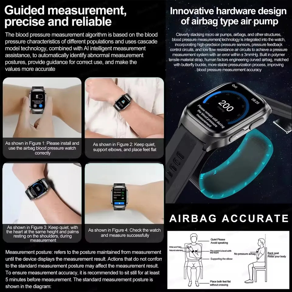 2026 New Upgrade AI Diagnostic Airbag Precise Blood Pressure Health SmartWatch Uric Acid ECG Blood lipids Smartwatch Men Women