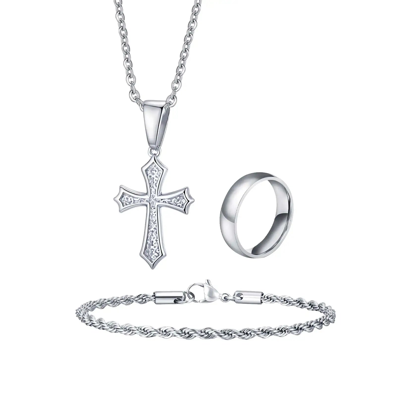 3pcs Dainty Cross Necklace Set for Men Boys,Waterproof Stainless Steel Chain Bracelet,Fashion Cool Male Jewelry Set Gift
