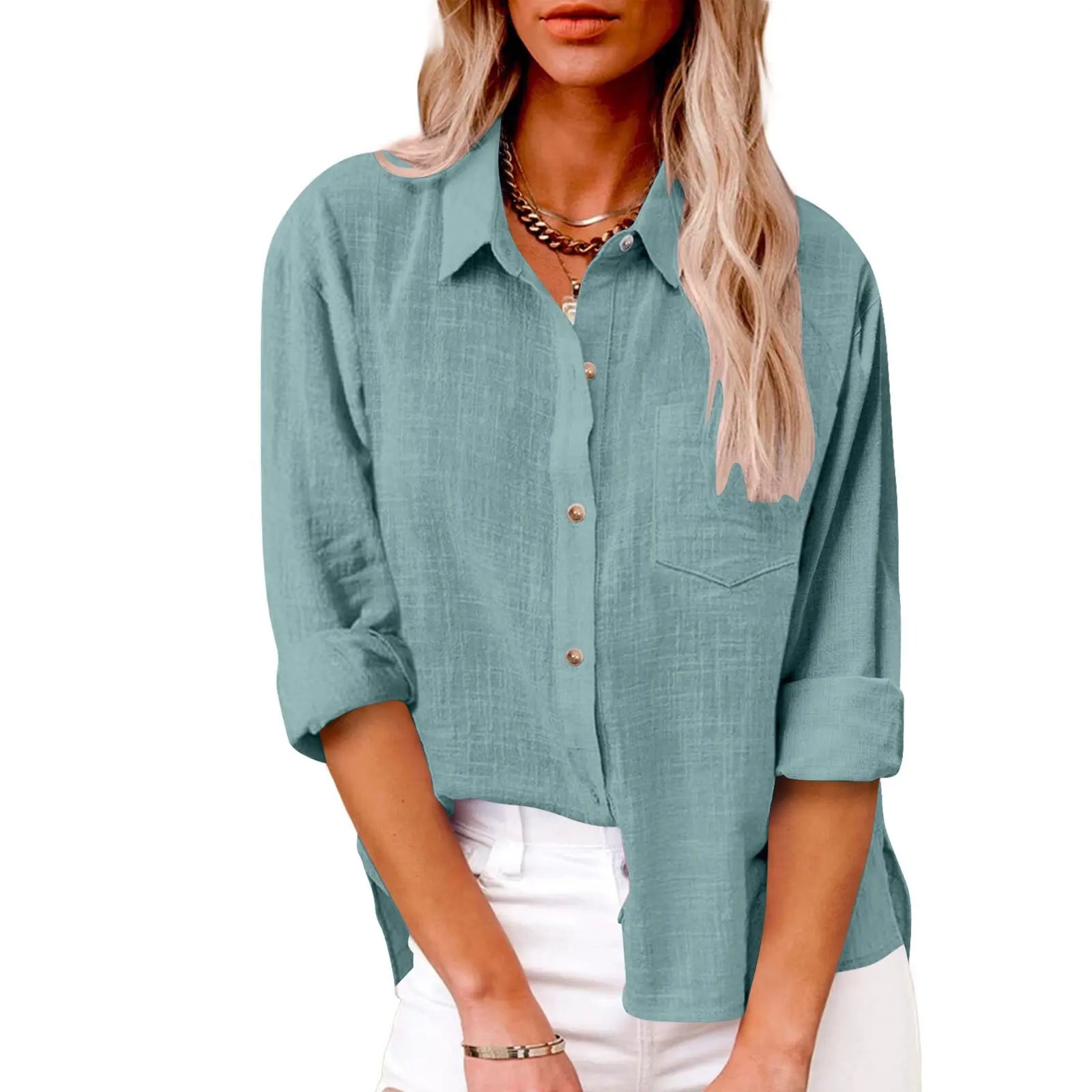 Women Casual Loose Solid Shirt Spring Summer Fashion Elegant Long Sleeve Button Office Holiday Top Shirts Blouses Women Casual