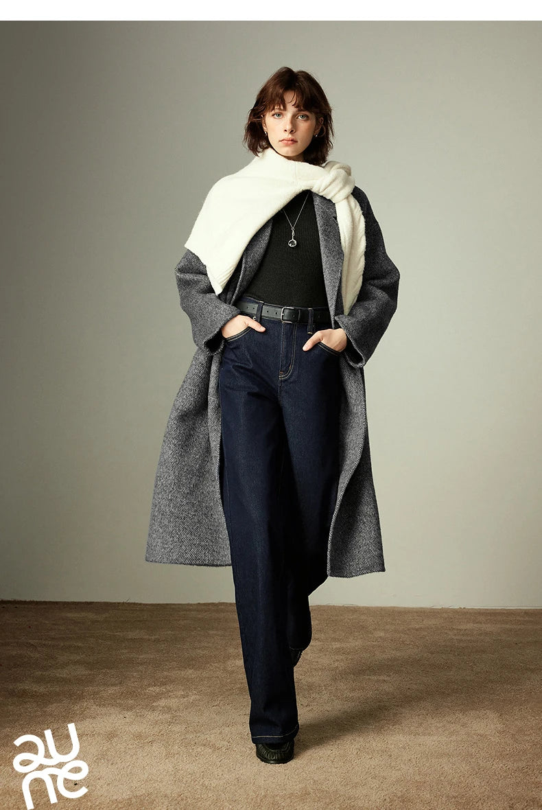 TOYOUTH Women Jeans 2025 Winter New Wool-Blend Elastic Retro Original Color Mid-Low Waist Wide-Leg Trousers