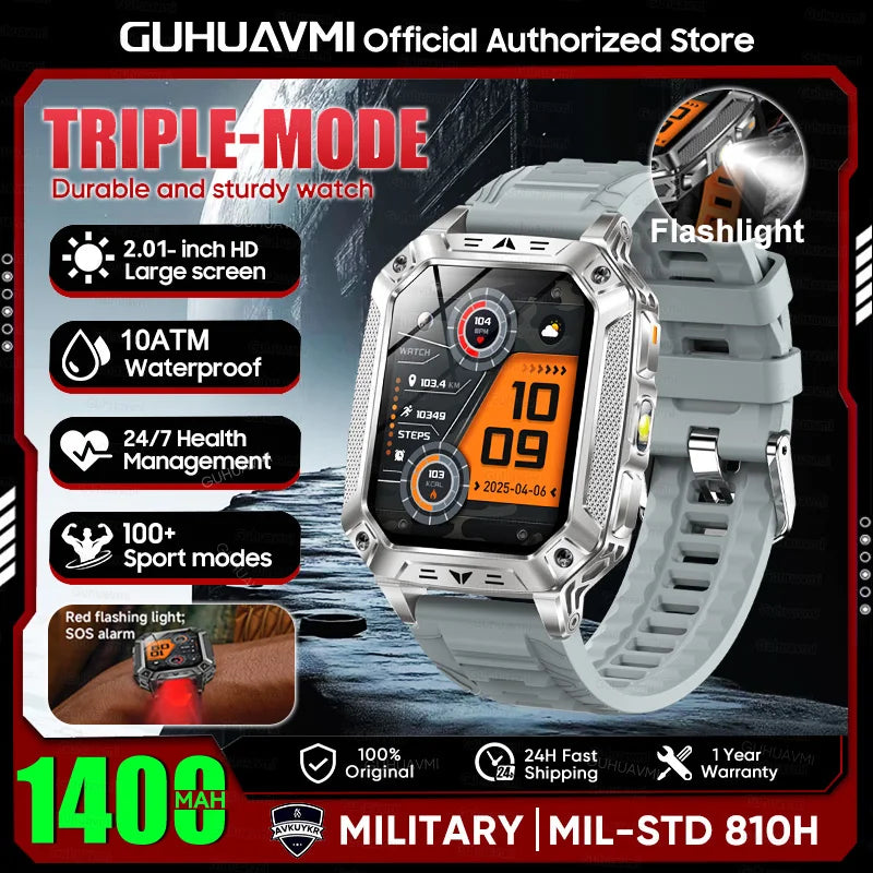 New Rugged Military Smart Watch Men 1400 mAh battery 2.01inch AMOLED Bluetooth Call 10ATM Waterproof LED flashlight Smart watch