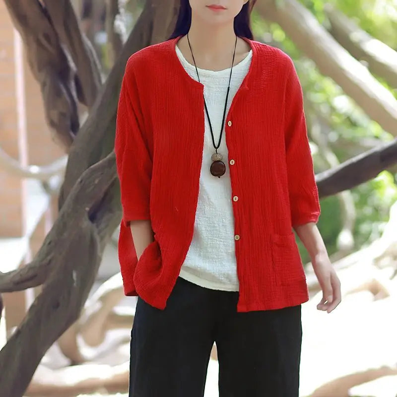Women Casual three quarter Sleeve Cotton Linen Loose Blouse Spring Summer vintage Shirt Tops Cardigan camisas ropa mujer