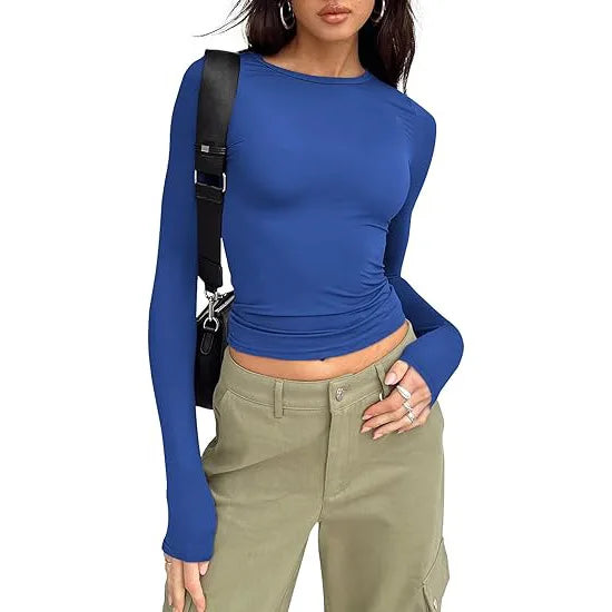 1pcs Four Seasons Fashion Senior Women T-shirt Long Sleeve Crew Neck Solid Slim Fit Tee Ladies Crop Top Daily Streetwear Camis