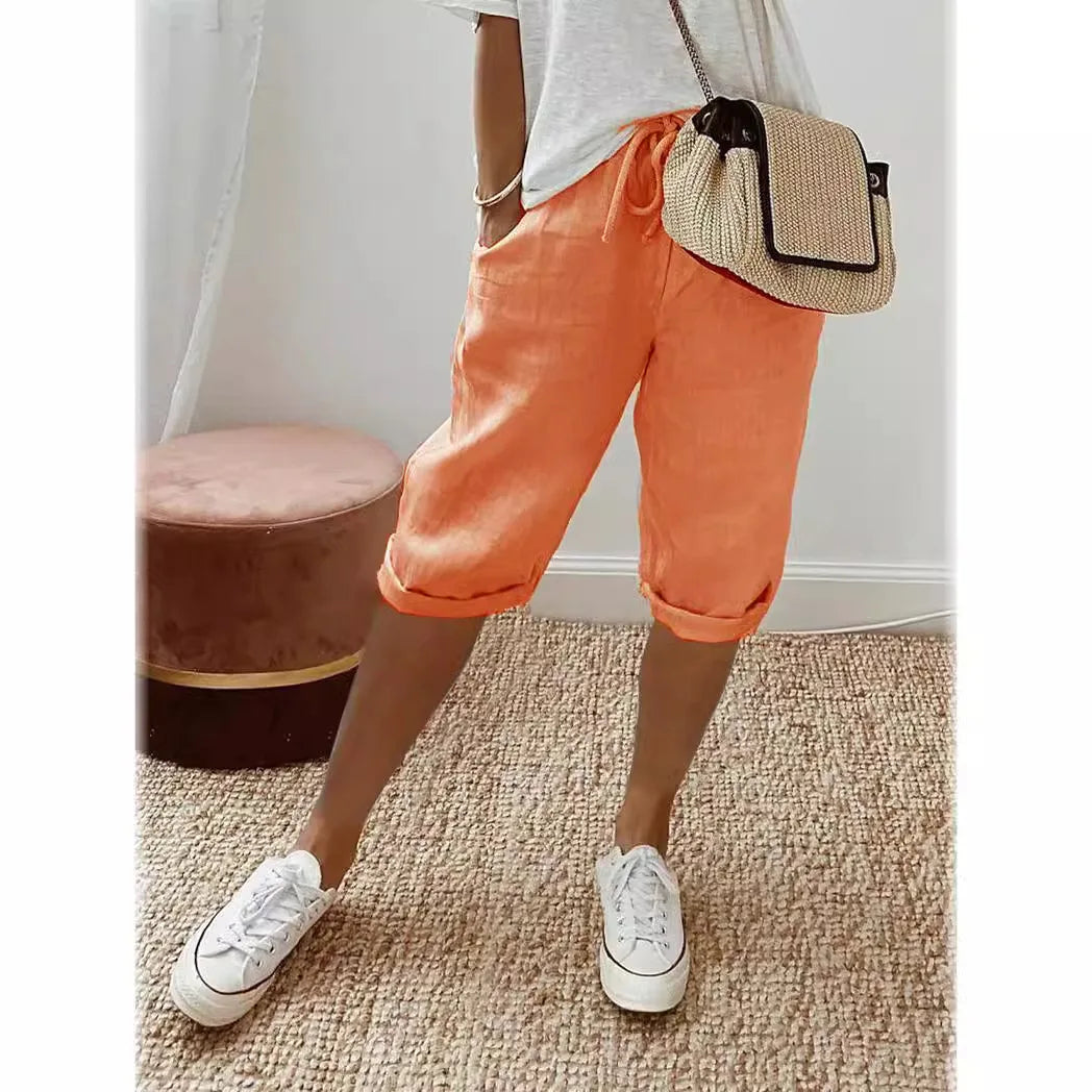 Shorts Women summer cotton linen elastic waist pocket elastic casual pants five quarter women&