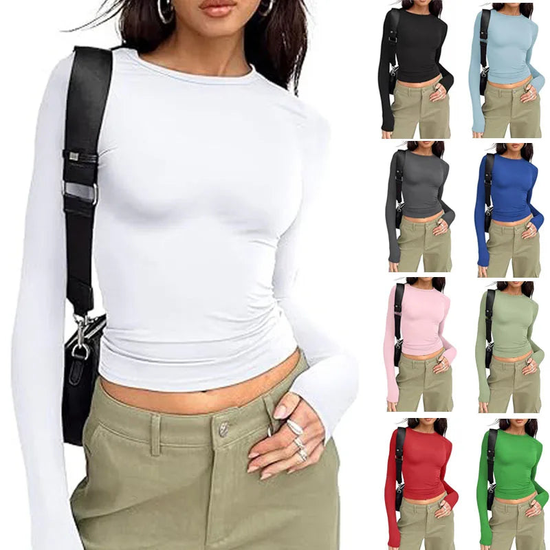 1pcs Four Seasons Fashion Senior Women T-shirt Long Sleeve Crew Neck Solid Slim Fit Tee Ladies Crop Top Daily Streetwear Camis