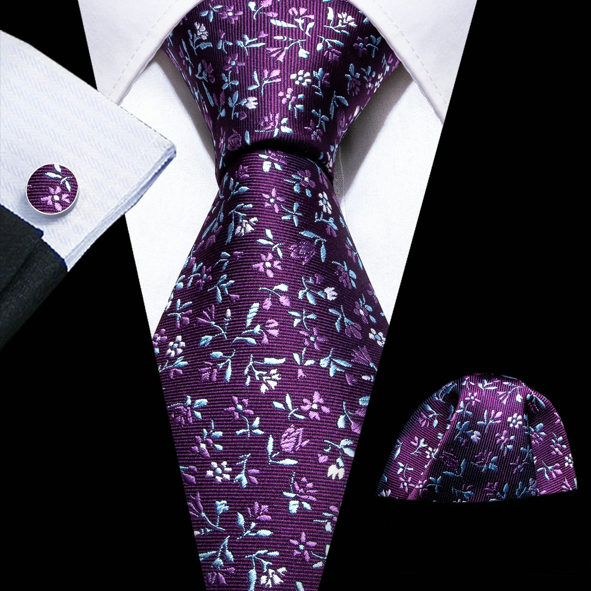 Barry.Wang Colorful Men Tie Handkerchief Cufflinks Set Novelty Floral Necktie for Male Designer Wedding Business Party Gift