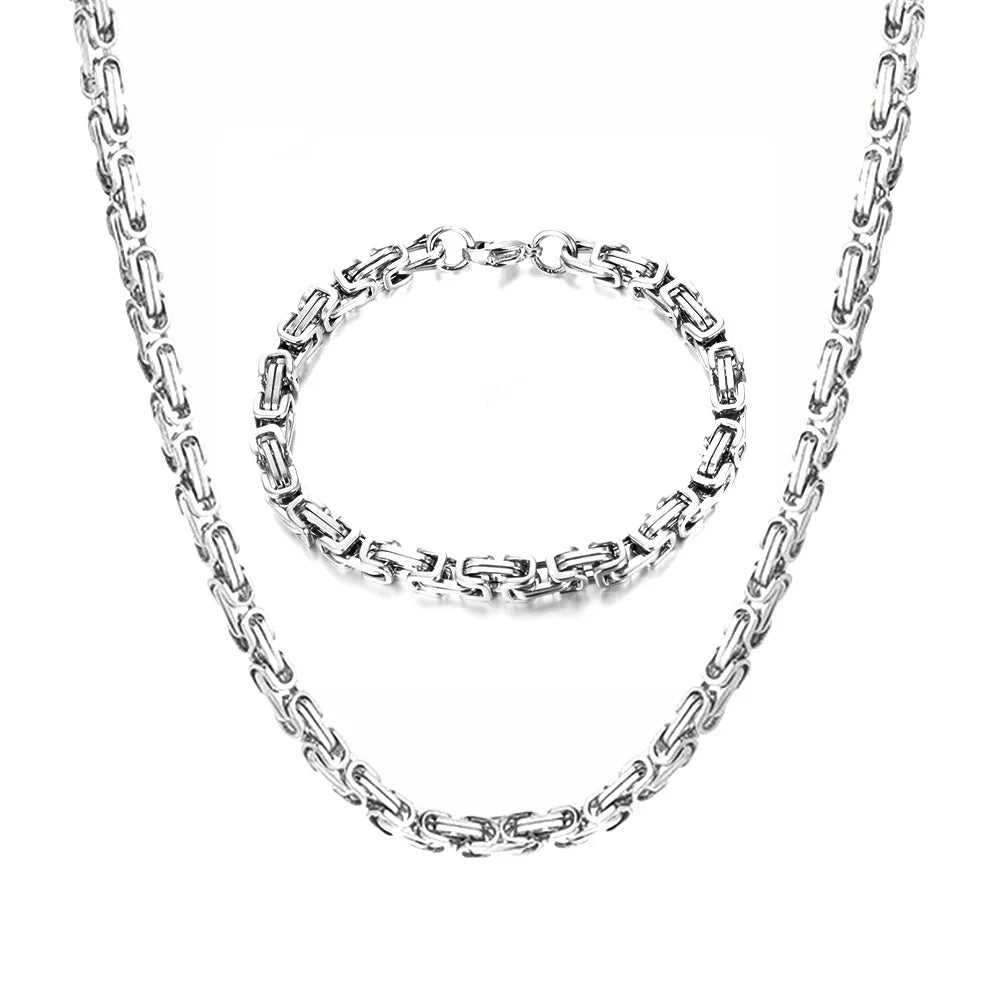 Gold Color Stainless Steel 4mm Byzantine Link Chain Bracelets Necklace For Women Men Fashion Party Wedding Jewelry Sets Gifts
