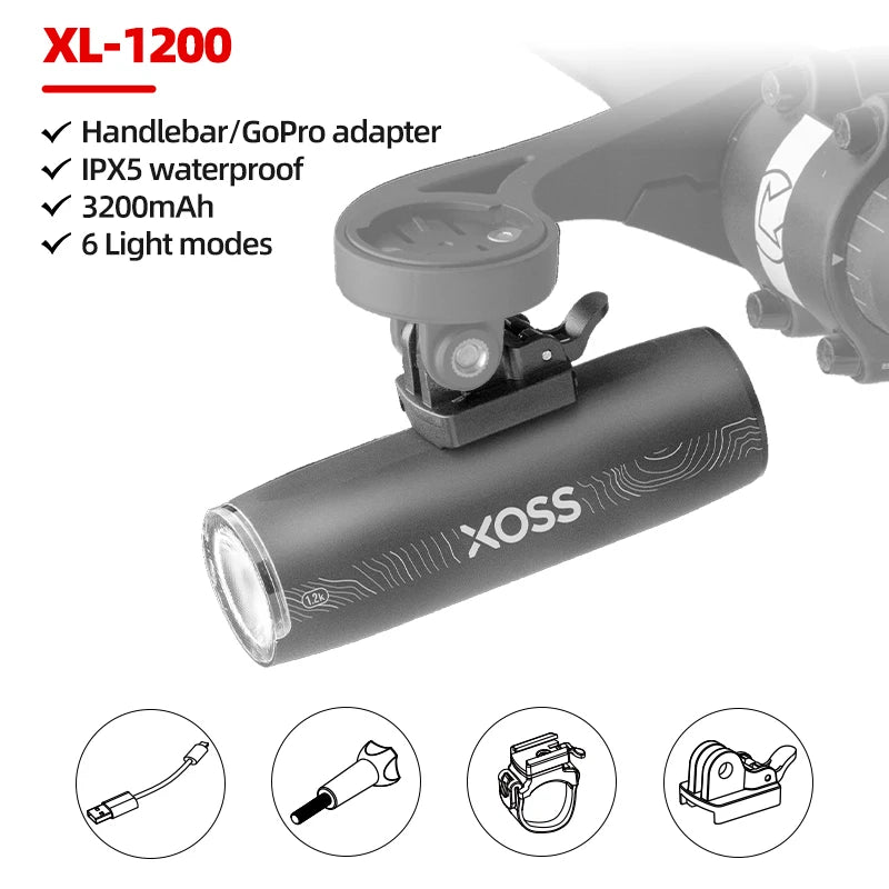 XOSS XL1200 Headlight 200-1200 Lm Bike Light Waterproof Rechargeable Front Lamp Bicycle Light Aluminum Ultralight Flashlight