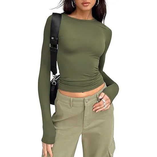 1pcs Four Seasons Fashion Senior Women T-shirt Long Sleeve Crew Neck Solid Slim Fit Tee Ladies Crop Top Daily Streetwear Camis