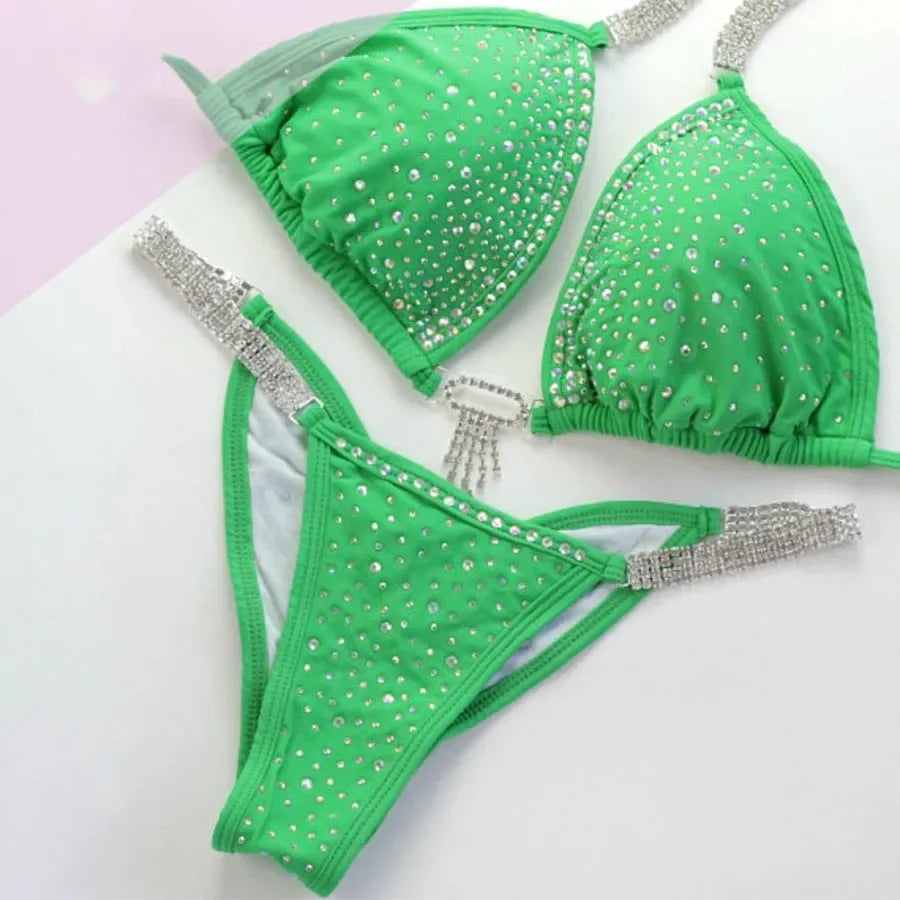 NPC IFBB Competition Bikini Posing Suit for Women Rhinestone Connectors Scrunch Bikini