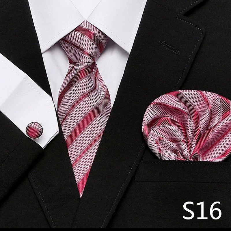 Men`s Tie Red Plaid print Jacquard Woven Tie Hanky Cufflinks Sets For Formal Wedding Business Party Free Postage