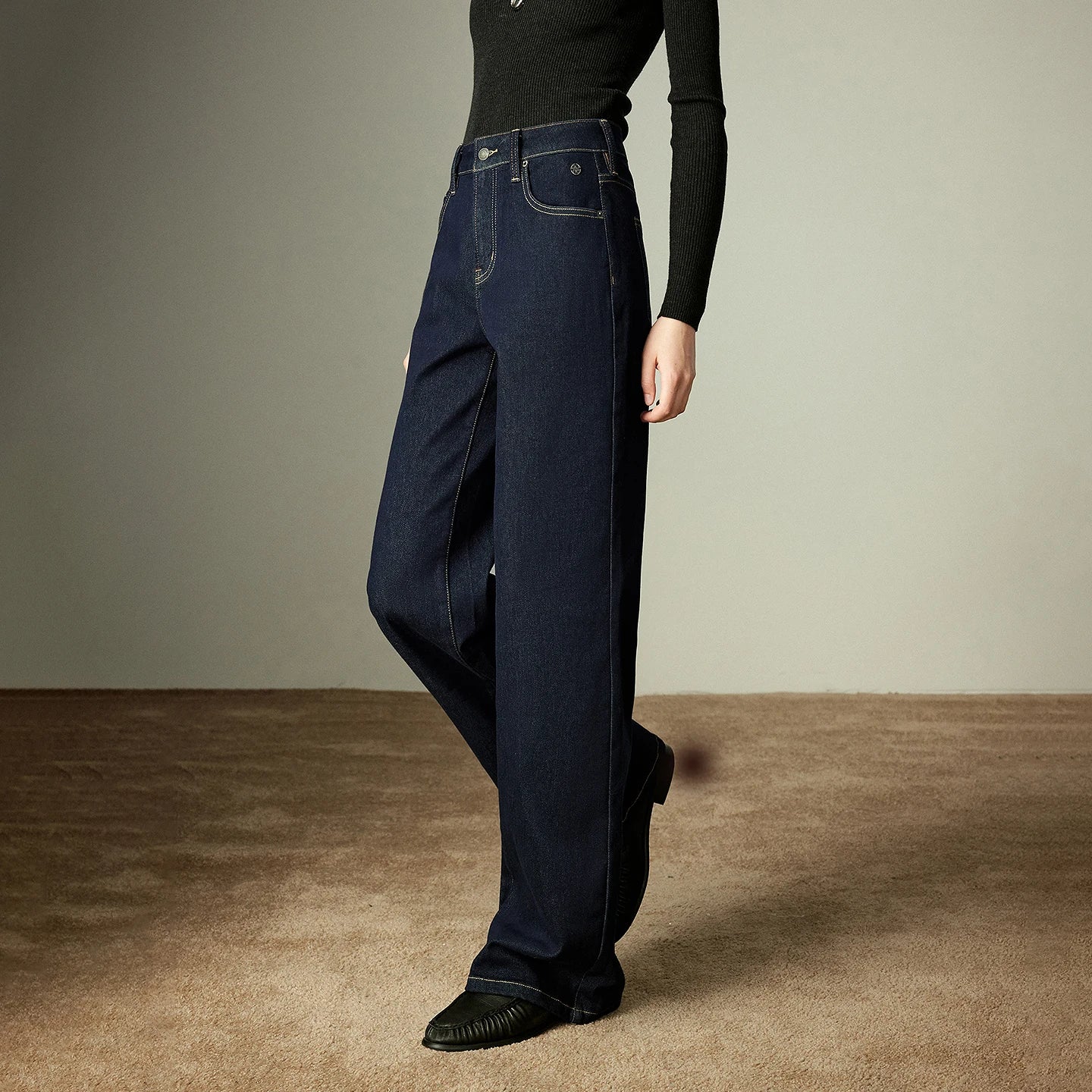 TOYOUTH Women Jeans 2025 Winter New Wool-Blend Elastic Retro Original Color Mid-Low Waist Wide-Leg Trousers