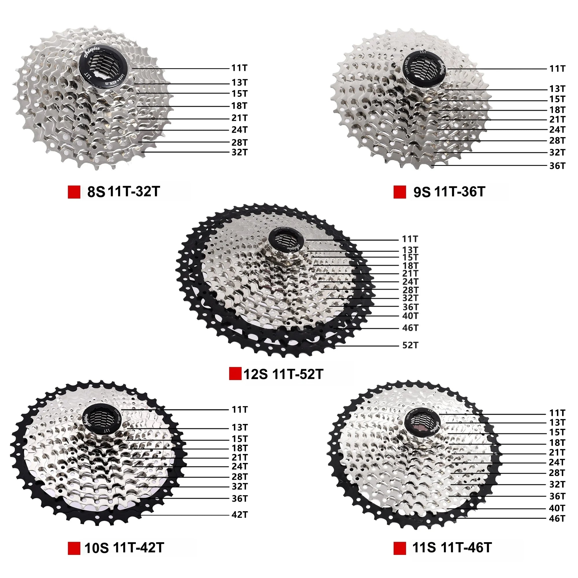 Bike Freewheel,Bicycle Cassette Freewheel 8S(11T-32T)/9S(11T-36T)/10S(11T-42T)/11S(11T-46T)/12S(11T-52T),Cycling Parts