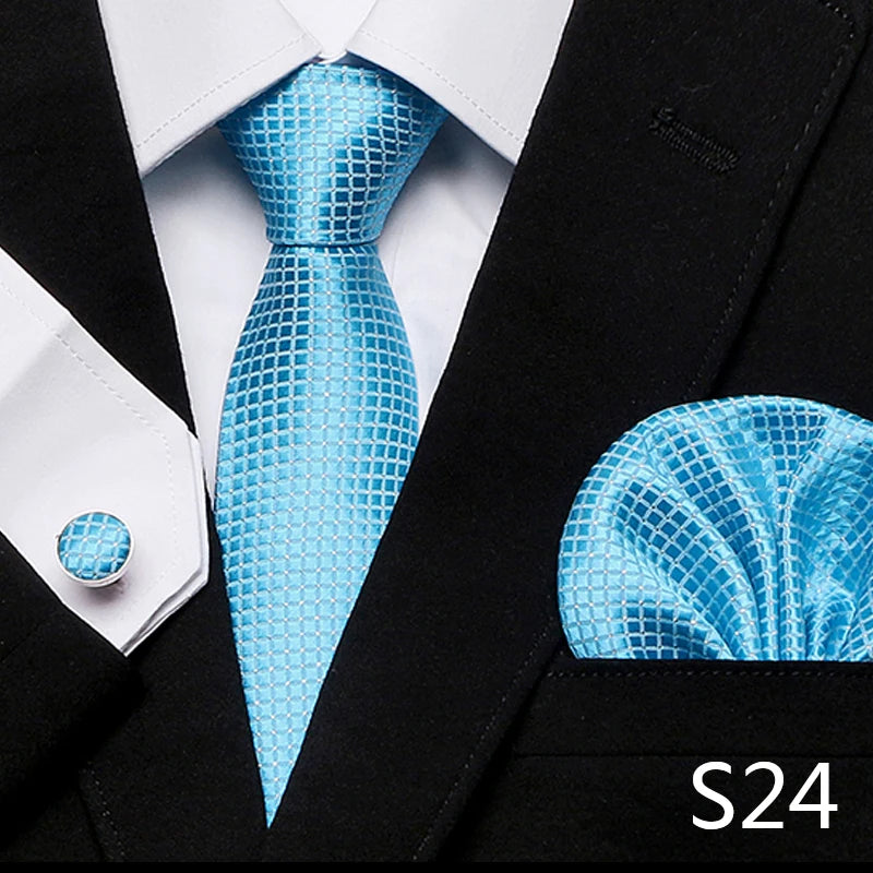 Men`s Tie Red Plaid print Jacquard Woven Tie Hanky Cufflinks Sets For Formal Wedding Business Party Free Postage