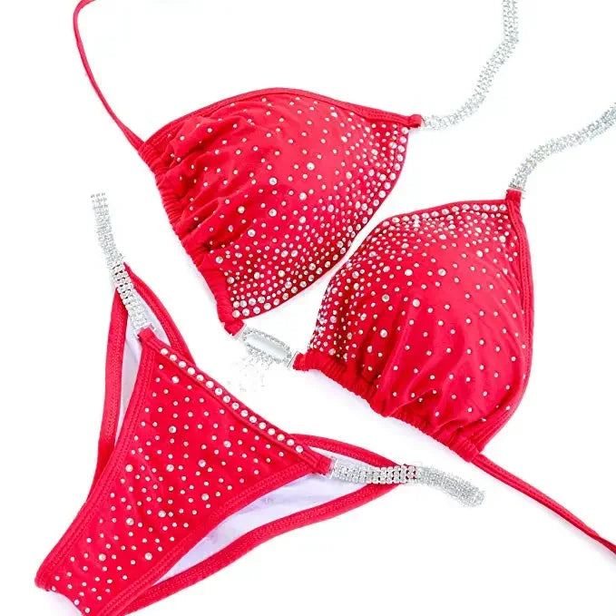 NPC IFBB Competition Bikini Posing Suit for Women Rhinestone Connectors Scrunch Bikini