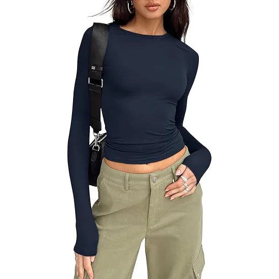 1pcs Four Seasons Fashion Senior Women T-shirt Long Sleeve Crew Neck Solid Slim Fit Tee Ladies Crop Top Daily Streetwear Camis