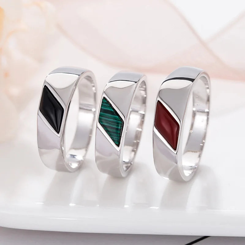 Mens Black Green Red Enamel Rings For Men Silver Color Metal Geometric Simple Male Engagement Wedding Bands Daily Party Jewelry