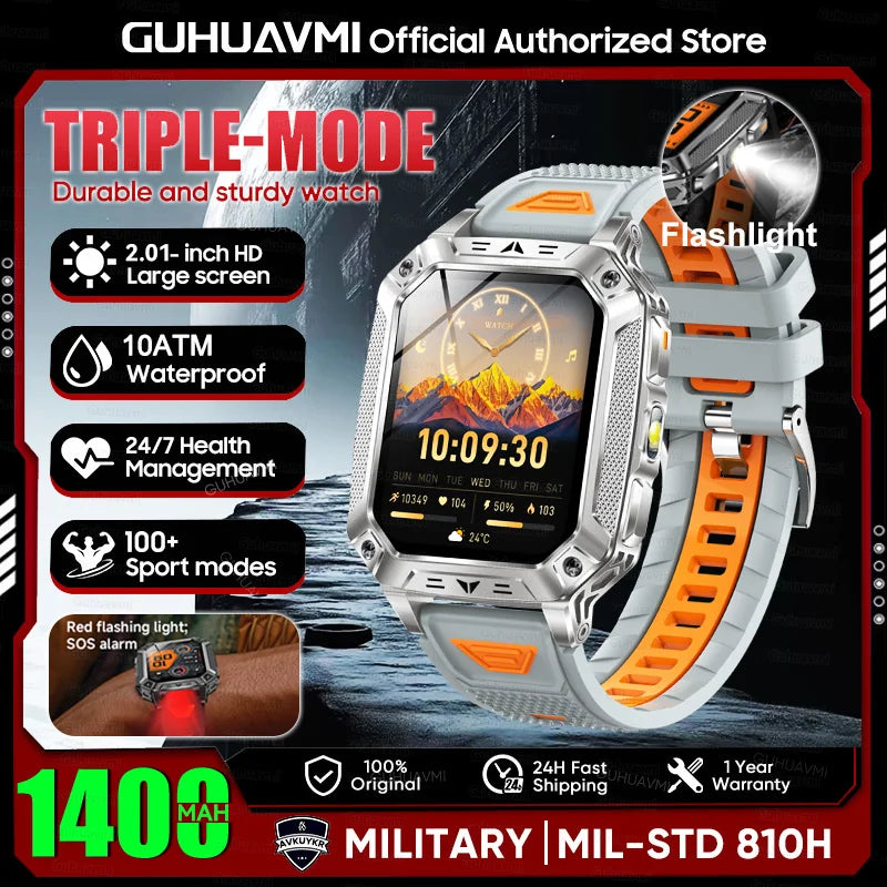 New Rugged Military Smart Watch Men 1400 mAh battery 2.01inch AMOLED Bluetooth Call 10ATM Waterproof LED flashlight Smart watch