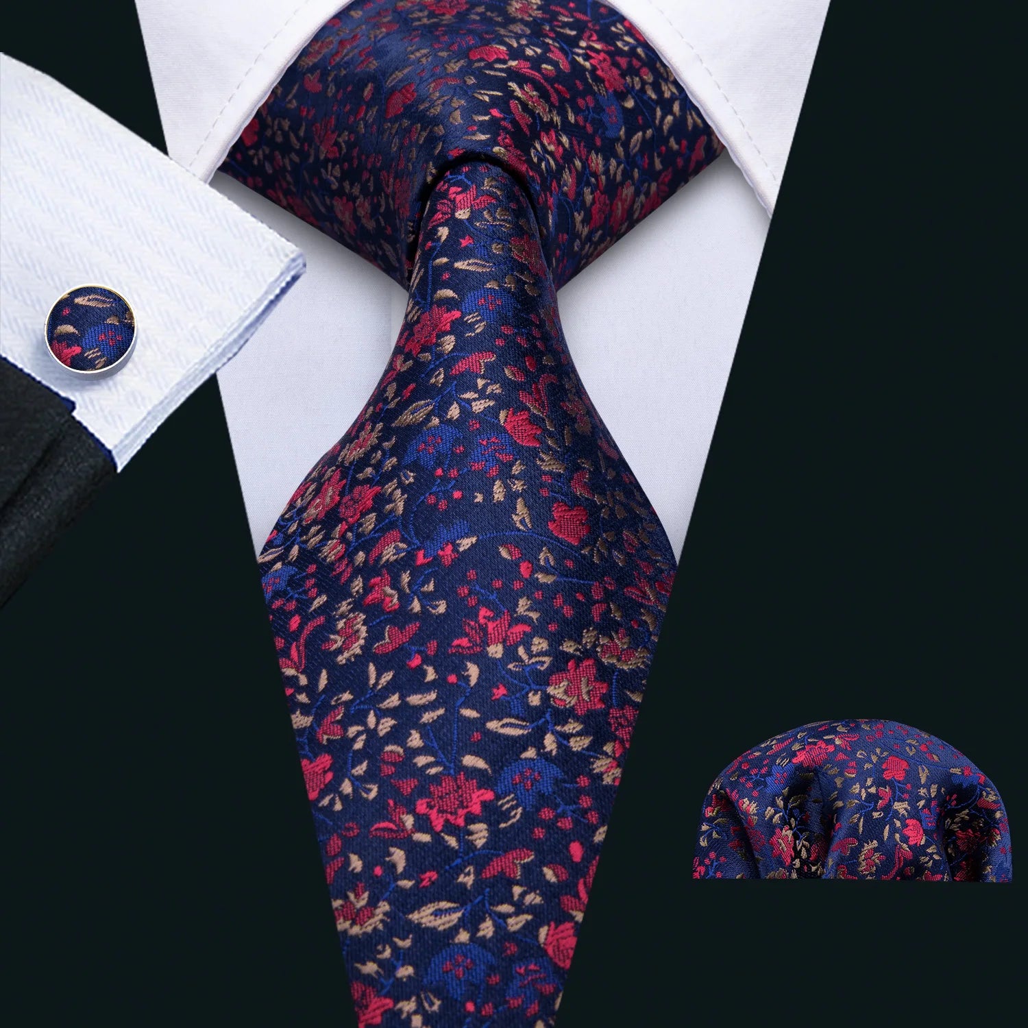 Barry.Wang Colorful Men Tie Handkerchief Cufflinks Set Novelty Floral Necktie for Male Designer Wedding Business Party Gift
