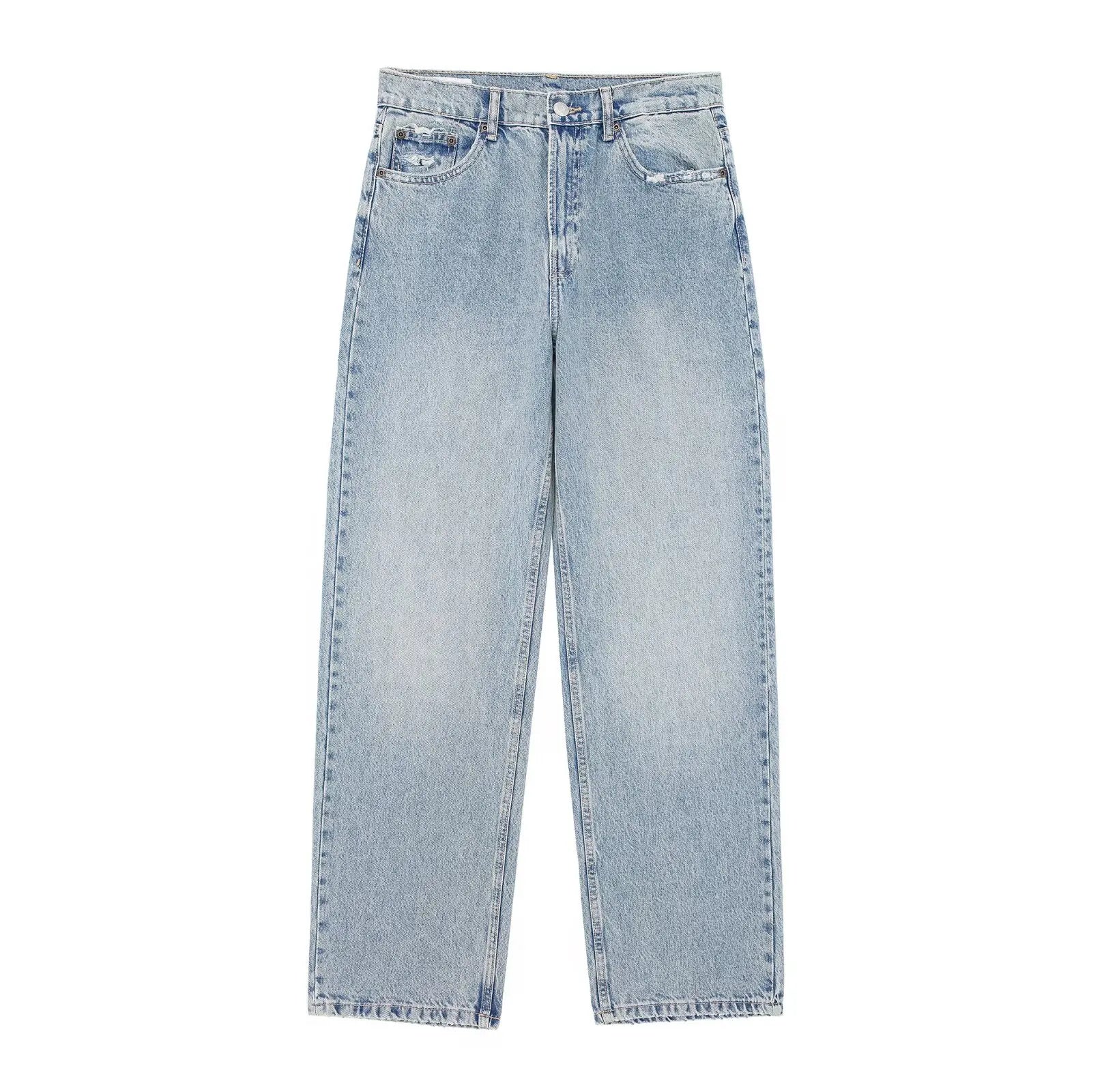 Jeans For Women 2024 Denim Solid Loose Zipper Fly Female Hole Trouser Pockets Wild Basic Commute Woman Wide Leg Long Pant