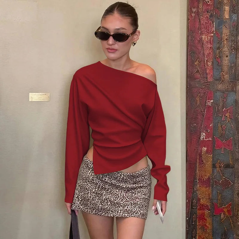 Talenza Women Casual Top Fashion Slim Slit Long Sleeve Pullover Top Sexy Strapless Pleated New Party Looks Top Female Streetwear