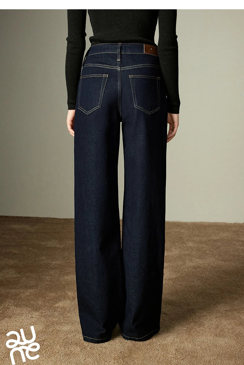 TOYOUTH Women Jeans 2025 Winter New Wool-Blend Elastic Retro Original Color Mid-Low Waist Wide-Leg Trousers