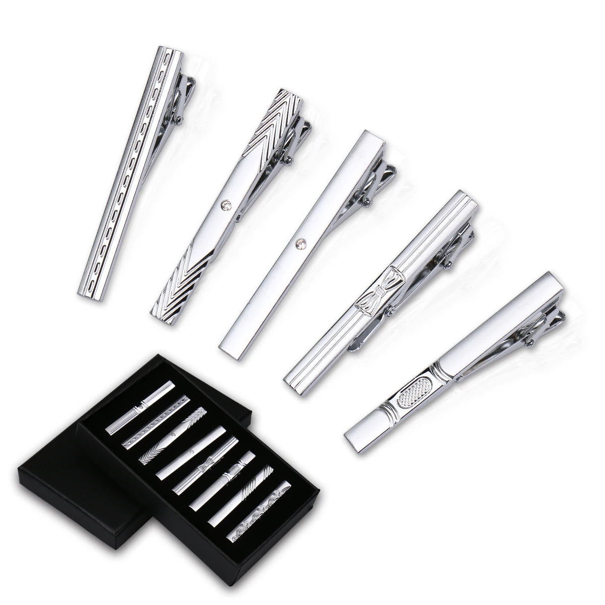 8pcs Tie Clips Metal Diamond With Box For Men Wedding Mens Necktie Clips Set Chrome Stainless Steel Jewelry Gentleman Ties Pin