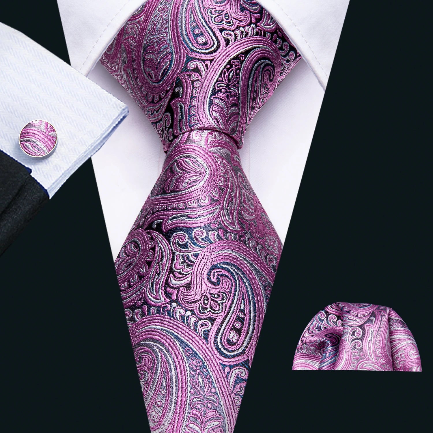 Barry.Wang Jacquard Watermelon & Peach Pink Men Tie With Pocket Square Cufflinks Set Exquisiet Necktie For Male Wedding Business