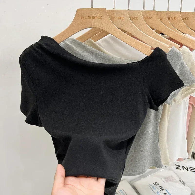 Womens Long Sleeve Off Shoulder T Shirts 2026 Tight Knit Sexy Slim Fitted Casual Women&