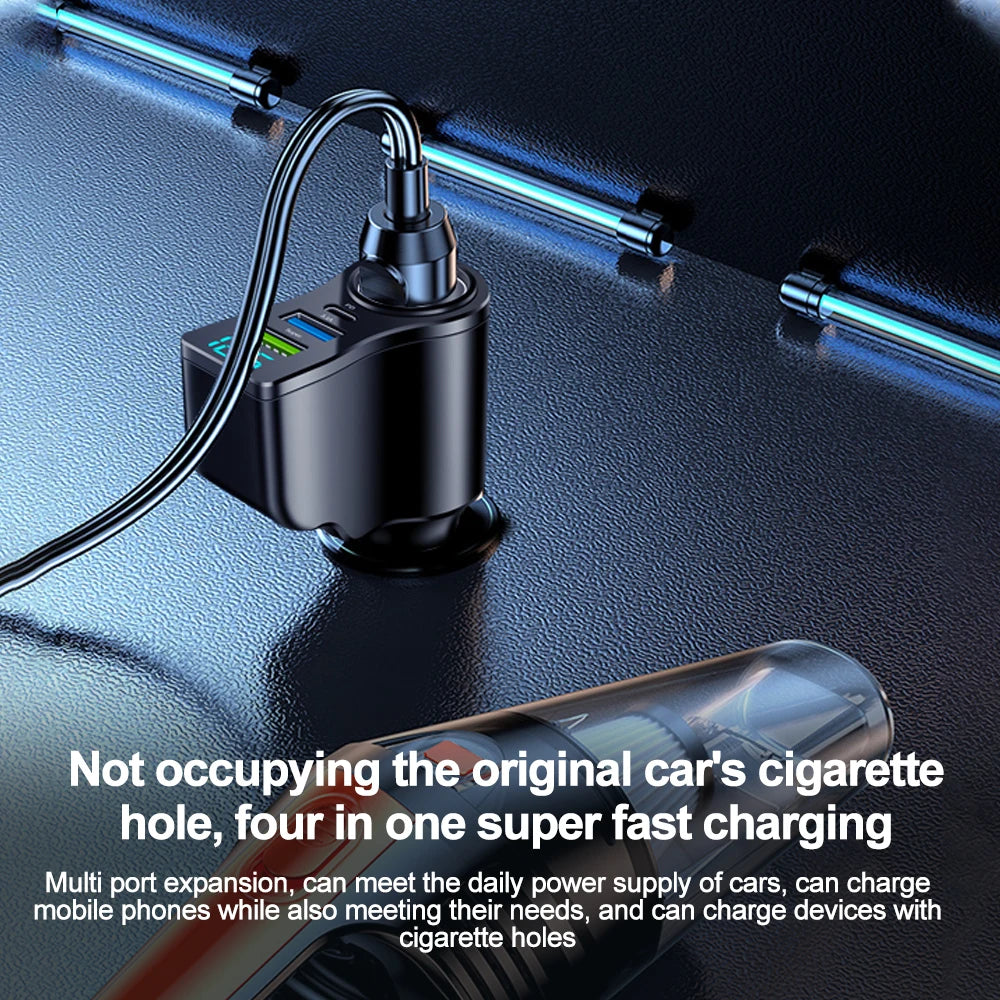 4-In-1 Power Adapter Car Charger Socket Distributor With 2 USB Ports 12V/24V USB Type-C PD Fast Charging with Digital Display