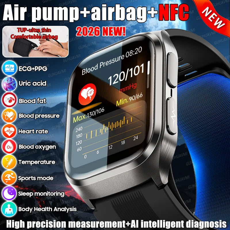 2026 New Air pump airbag Wrist Blood Pressure Accurate Measure Smart Watch ECG Blood lipids Uric acid Bluetooth Call Smartwatchs