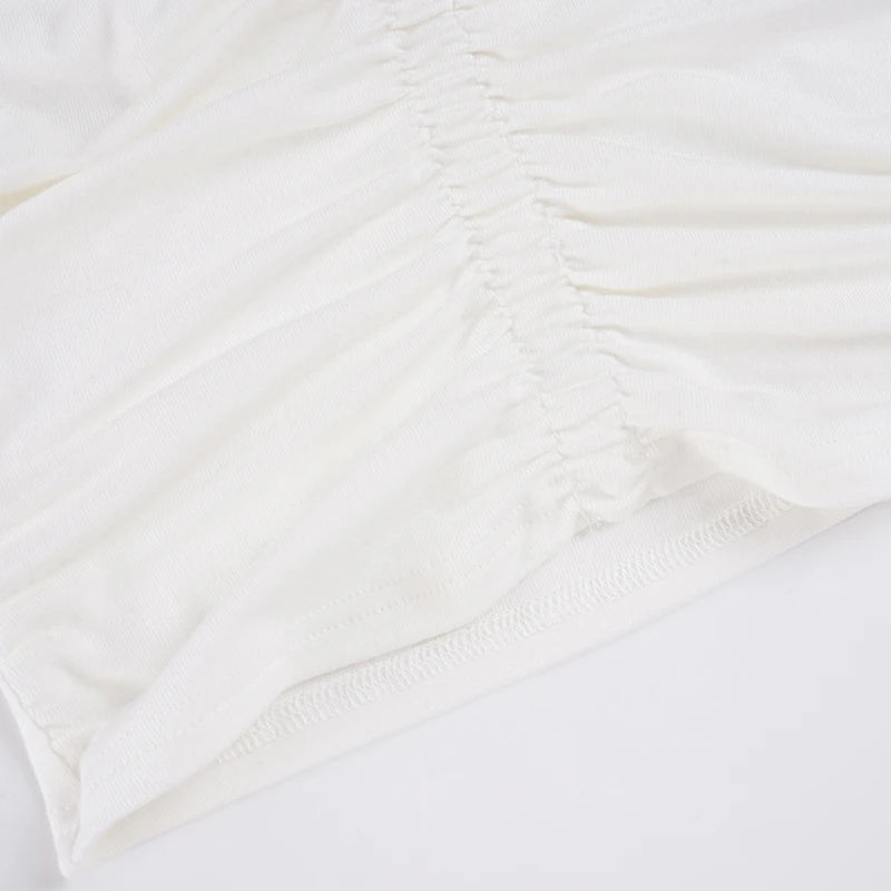 SUCHCUTE White Casual V Neck Pleated T Shirts For Women Long Sleeve Tees Y2k Streetwear Crop Tops Elegant Basic Clothing Autumn