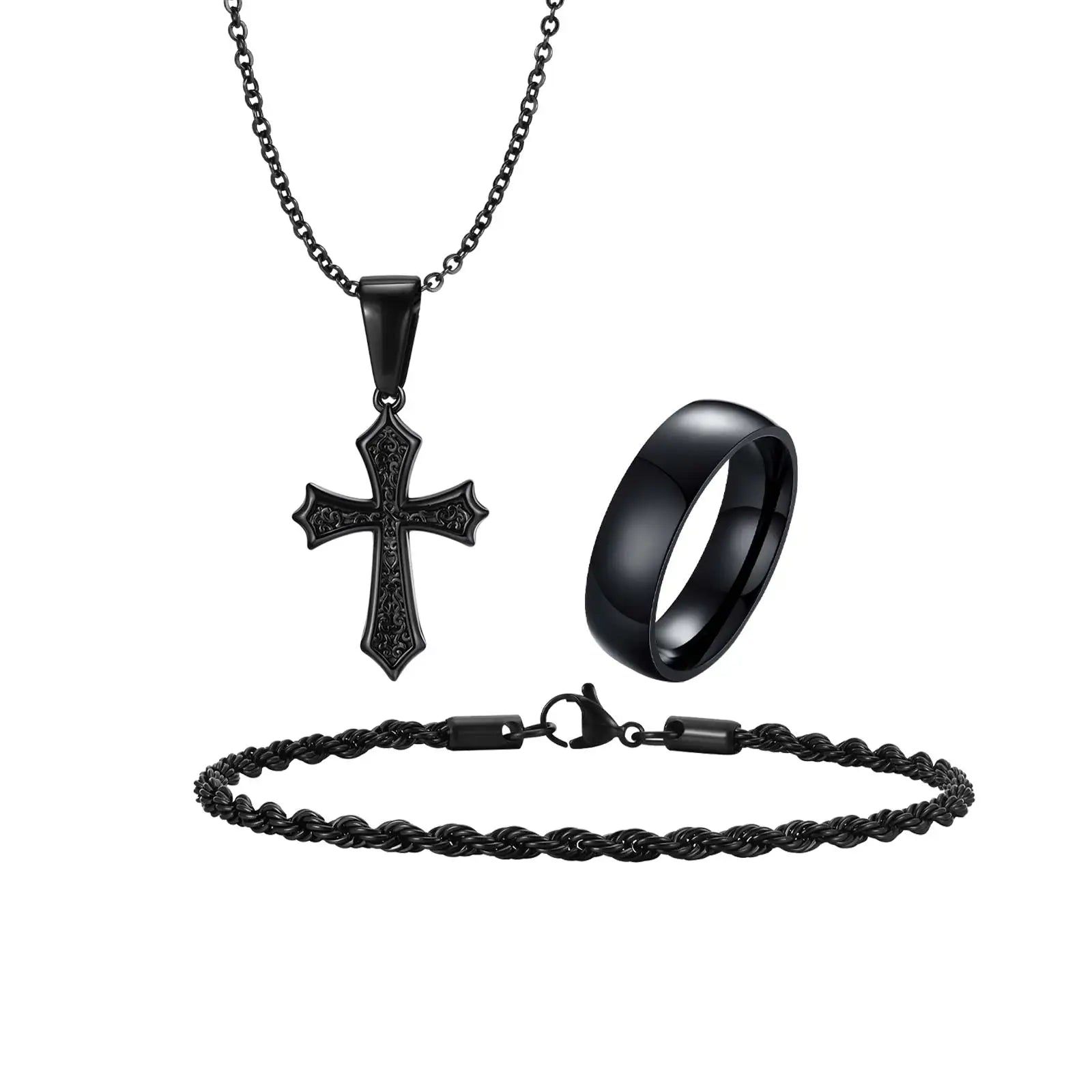 3pcs Dainty Cross Necklace Set for Men Boys,Waterproof Stainless Steel Chain Bracelet,Fashion Cool Male Jewelry Set Gift