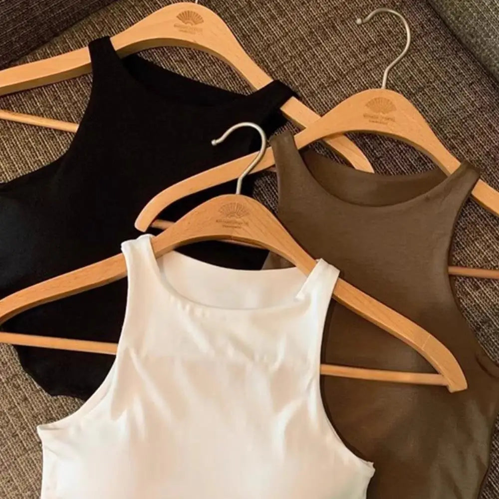 Summer Women Tank Tops Camisole With Padded Bra Solid Color Sexy Off Shoulder O Neck Elastic Sport Vest Push Up Base Shirt