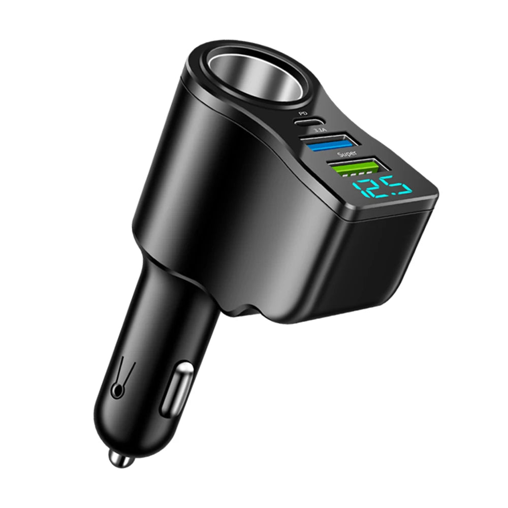 4-In-1 Power Adapter Car Charger Socket Distributor With 2 USB Ports 12V/24V USB Type-C PD Fast Charging with Digital Display